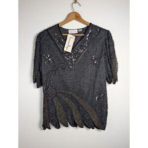 Vintage Laurence Kazar Blouse Large Sequin Beaded Silk Witchy‎ Party Evening NEW